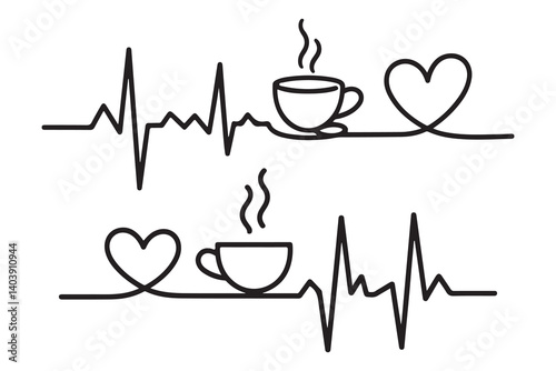 Heartbeat of a Coffee Break: Simple graphic design with heart, coffee cup, and EKG lines.