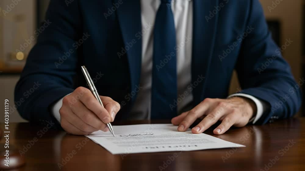 man in suit signing documents