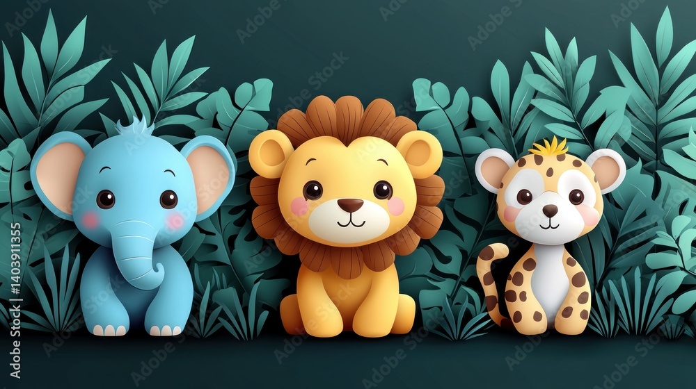 Naklejka premium Adorable Jungle Trio: Elephant, Lion, and Cheetah
