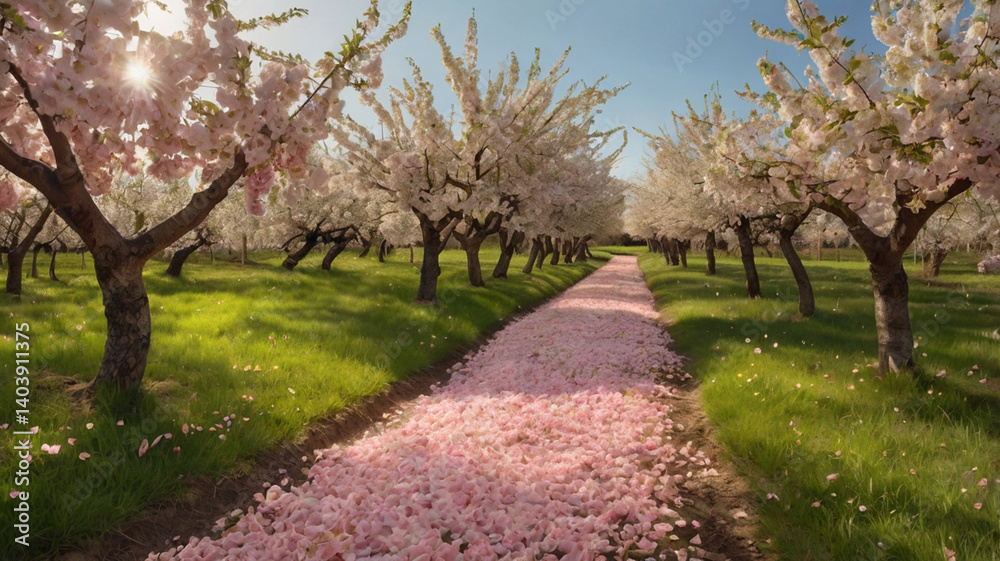 Cherry Blossom Path Sunlight And Green Grass Springtime Floral Landscape Photography Cherry Blossom Path Sunlight And Green Grass Springtime Floral Landscape Photography