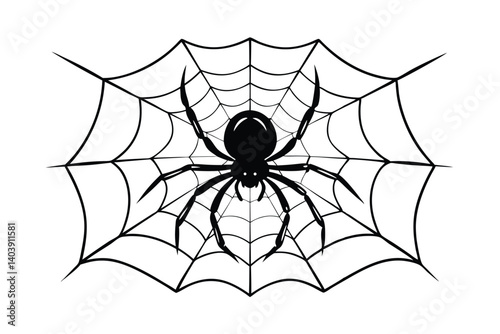 Spooky Silhouette Of A Spider In Its Web Isolated On A White Background Halloween Creepy Vector Illustration