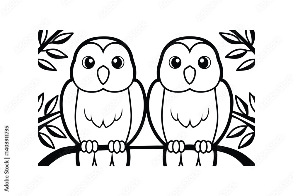 Obraz premium Two Cute Owls Sitting On A Branch Vector Illustration Black And White Line Art Style Design For Children