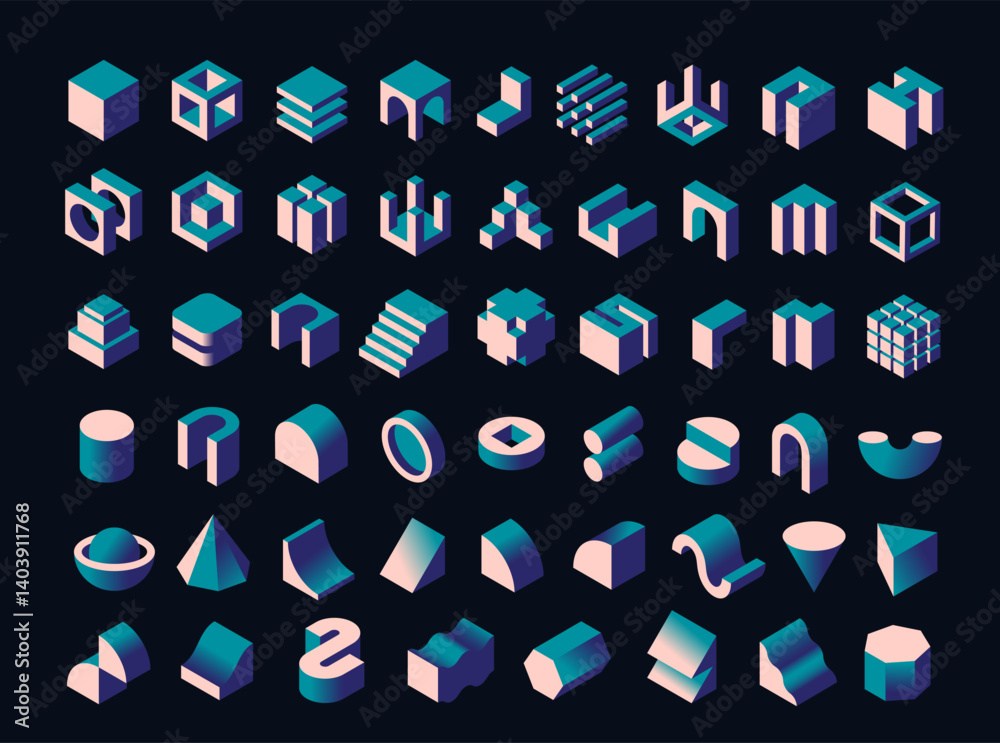 Set of architectural blocks. Abstract icons with geometric figures, cube, cylinder, arches and steps. Creative design elements. Isometric 3D vector illustration collection isolated on background