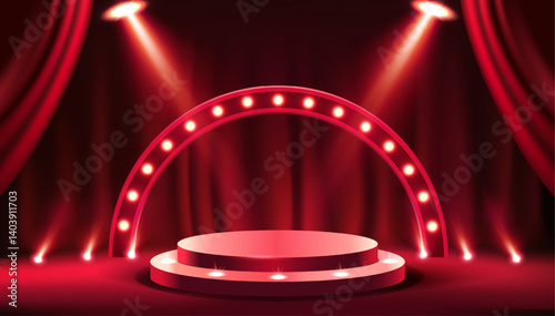 Background with luxury 3D podium. Advertising banner with red spotlight, curtains, stage or platform for product presentation or awarding. Design for website. Realistic 3D render vector illustration