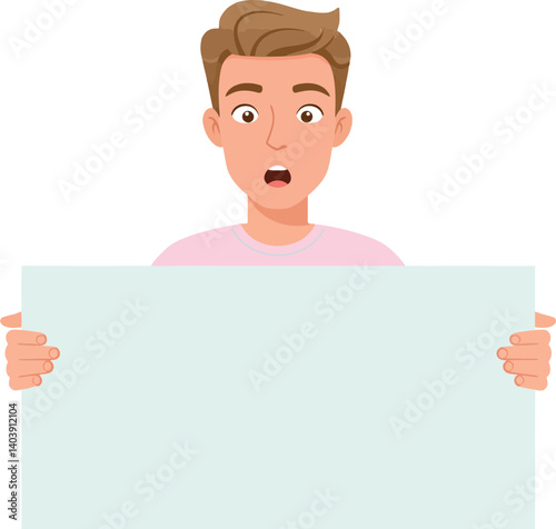 Young man holding a blank sign with a surprised expression in a minimal flat design vector illustration