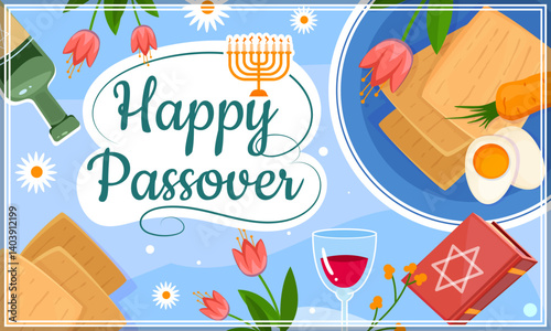 Happy Passover banner. Colorful poster or greeting card with Wine, food and flowers to celebrate religious Jewish holiday. Design element for social networks. Cartoon flat vector illustration