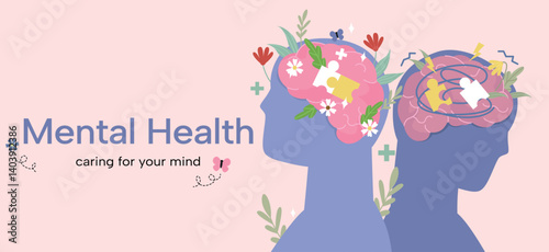Mental Health Banner. Colorful background with silhouettes of people with blooming flowers and puzzles in their heads. Caring for psychological wellbeing and mind. Flat vector illustration