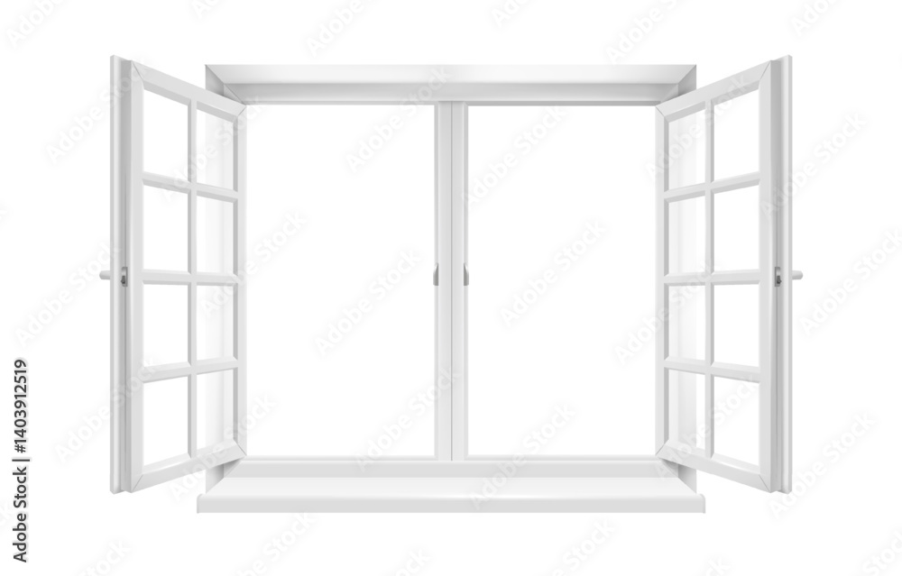 Open window. Plastic or wooden white window with two sashes with double glazing. Design element for interior of house or apartment. Realistic 3D vector illustration isolated on background Open window. Plastic or wooden white window with two sashes with double glazing. Design element for interior of house or apartment. Realistic 3D vector illustration isolated on background