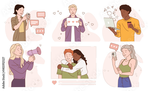 Social media activity. Happy men and women communicate on social networks, post photos, leave reactions and write comments. Smiling users. Flat vector illustration set isolated on background