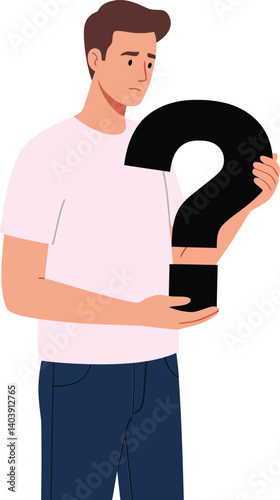 A young man in casual attire holding a large question mark in a flat vector illustration representing uncertainty and contemplation