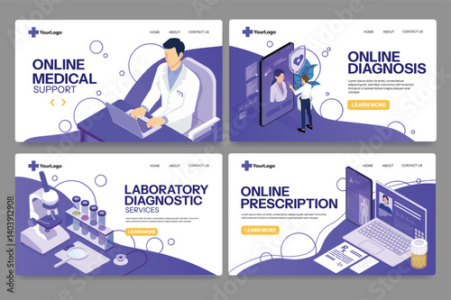 Medical Banners Set. Landing page templates for medical services. Online diagnostics, doctor prescriptions and treatment. Isometric 3D vector illustration collection isolated on background