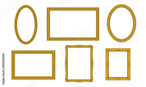 Retro picture frames set. Vintage wooden ornate frames in different geometric shapes. Empty museum borders with Victorian ornament. Flat vector illustration collection isolated on background