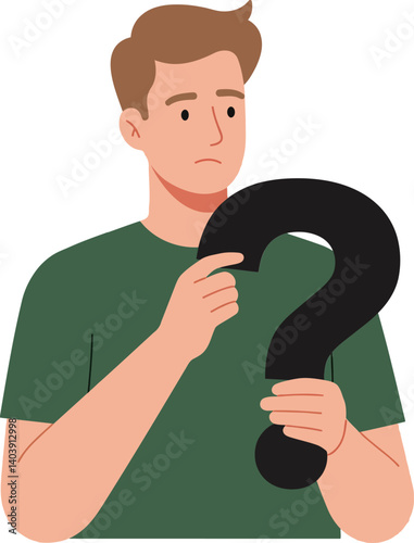 Thoughtful young man with short brown hair holding a large question mark in a minimal vector illustration