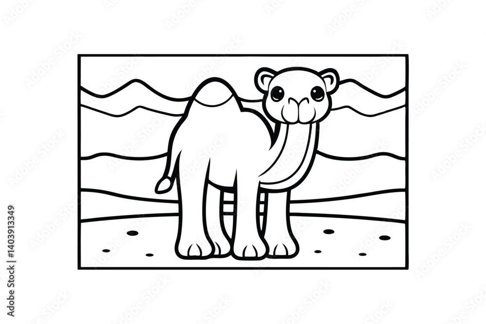 Obraz premium Black And White Camel Cartoon Illustration In Desert Landscape Line Art Style Perfect For Coloring Pages And Educational Resources