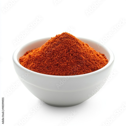 Pile of red chili powder in a small white bowl