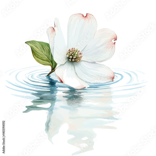 Dogwood Flower Floating In Still, vector watercolor illustration, isolated on a white background.
