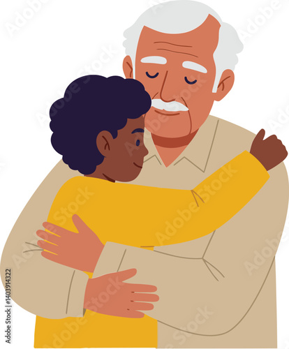 Elderly man embracing a young child in a warm and loving manner, flat vector illustration depicting affection and connection between generations in a joyful atmosphere vector art