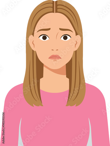 Young woman with straight blonde hair wearing a pink top expressing concern in a flat vector illustration