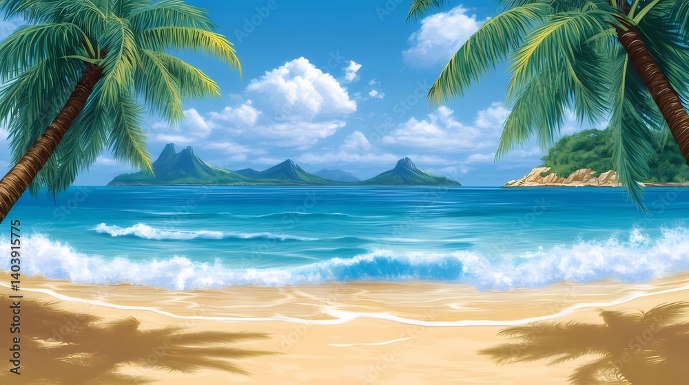 Tropical Beach Scene with Palm Trees Blue Ocean and Sunny Sky with White Clouds Tropical Beach Scene with Palm Trees Blue Ocean and Sunny Sky with White Clouds