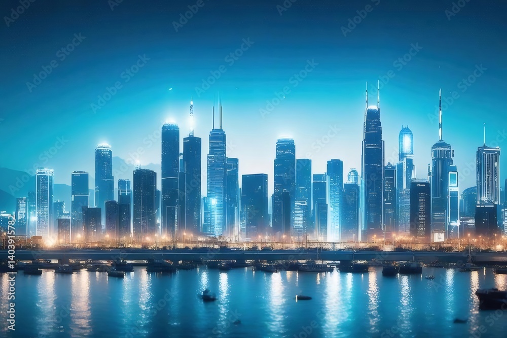 Illuminated City Skyline Reflecting in Calm Water at Night with Blue Tones and Modern Architecture Illuminated City Skyline Reflecting in Calm Water at Night with Blue Tones and Modern Architecture