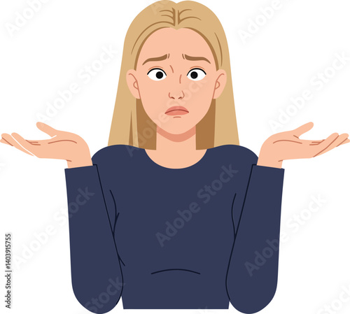 Woman with blonde hair expressing confusion in a flat minimal style vector illustration showcasing her puzzled demeanor and uncertain body language