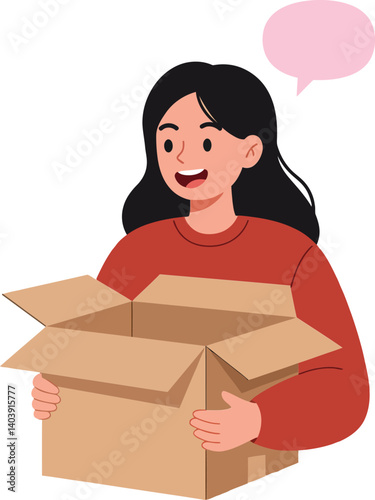 A cheerful woman holding an open cardboard box with excitement in a flat design style showcasing joy and anticipation in vector art