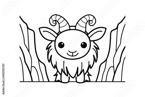 Cute Cartoon Goat Outline Illustration Among Cliffs Ready To Be Colored For Children Book Or Educational Material