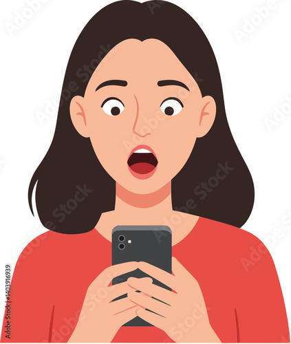 Surprised young woman with long hair holding a smartphone in a flat, minimal style vector illustration