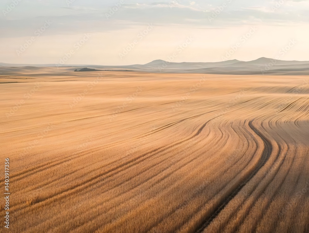 Aerial View Of Golden Field With Tractor Tracks Under Soft Sunlight And Distant Hills Aerial View Of Golden Field With Tractor Tracks Under Soft Sunlight And Distant Hills