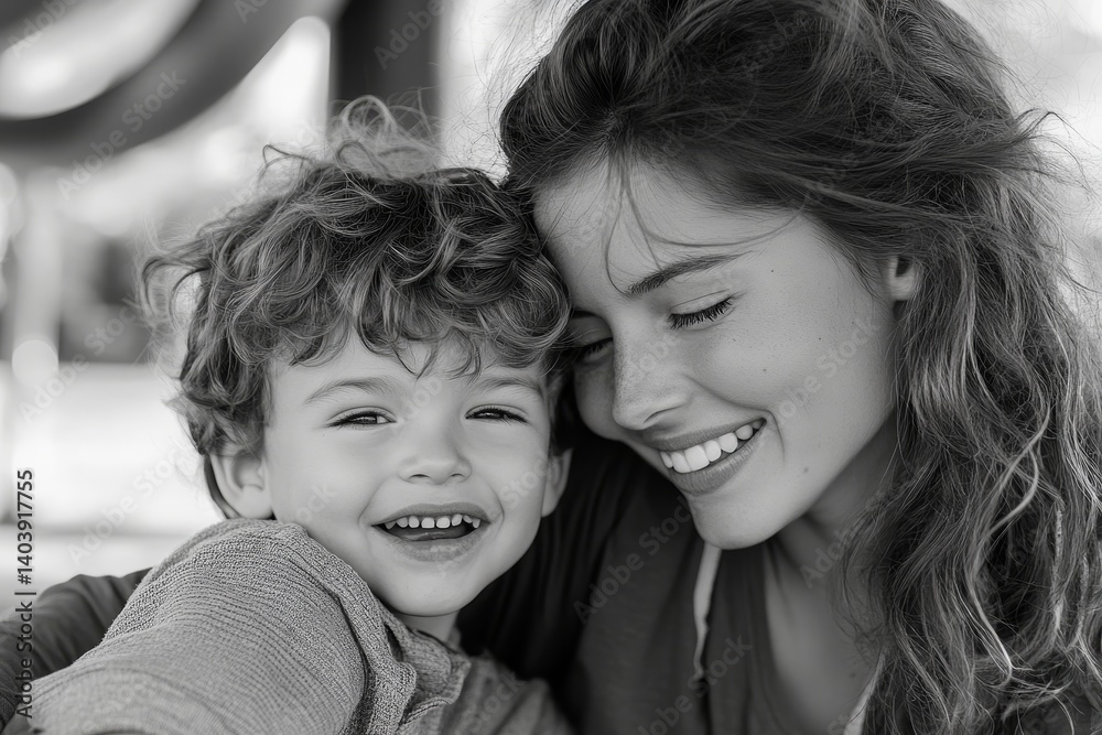 Mother and son laughing and playing at the park, Generative AI Mother and son laughing and playing at the park, Generative AI