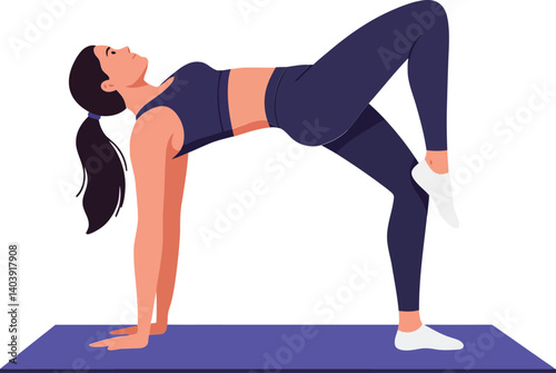 Dynamic woman performing a yoga pose on a blue mat in a flat vector illustration showcasing strength and balance in a serene atmosphere