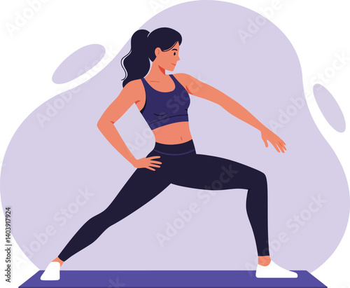 Active woman performing a yoga pose on a mat in a flat, minimal design style, showcasing strength and balance in vector illustration