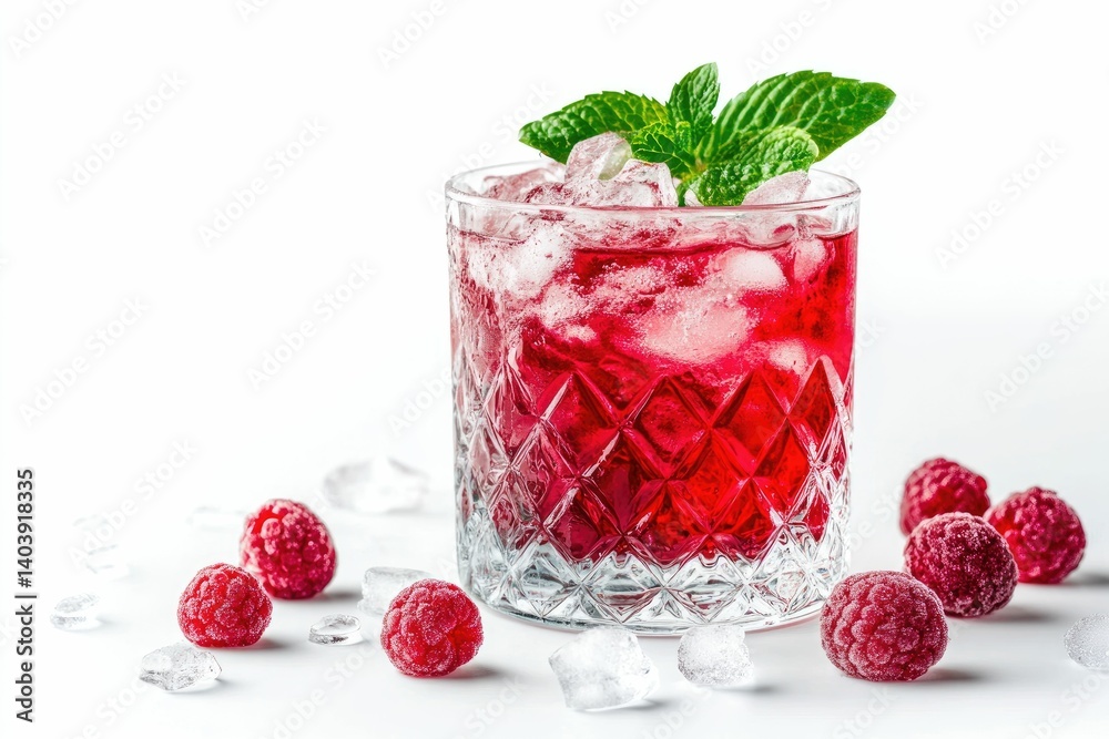 Refreshing Raspberry Cocktail with Ice and Mint on White Background