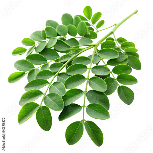 Green moringa leaves arranged on Transparent Background, highlighting their use as a superfood and natural supplement
