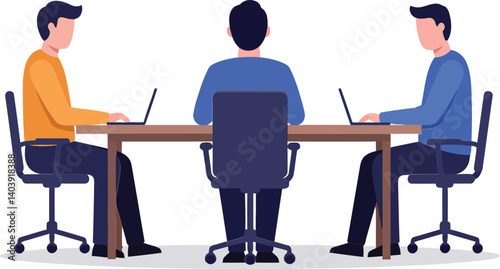 Three men engaged in a collaborative discussion around a wooden table in a minimal and modern flat vector illustration