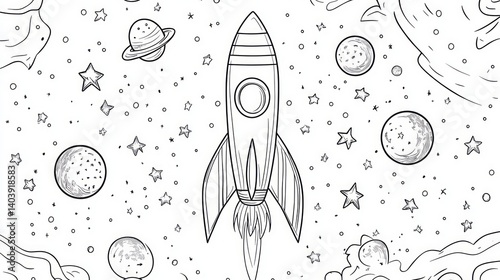 Coloring book page for kids of a rocket launching into space surrounded by stars and moons in space.