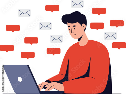 A young man focused on his laptop while surrounded by colorful speech bubbles and email icons in a flat vector illustration