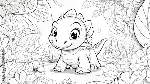 Cute baby dinosaur coloring page template.