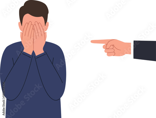 A man covering his face in distress while another hand points in accusation, depicted in a minimal vector illustration style conveying tension and emotion