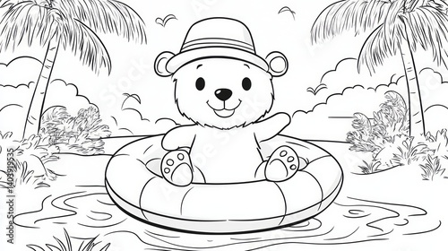 summer coloring page for kids of a cute bear with a pool float.