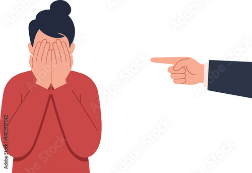 A woman with a distressed expression covering her face while a hand points towards her in a minimal flat vector illustration