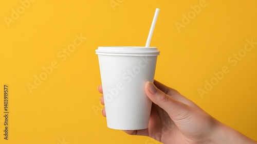 Paper soda cup in a hand with straw mockup template.