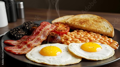 Serving Hot Breakfast with Fried Eggs and Bacon on a Plate