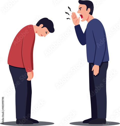 Two men in conversation with one man appearing downcast while the other speaks animatedly, flat vector illustration