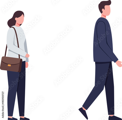 Two individuals walking in opposite directions in a minimal flat design vector illustration showcasing urban life and casual attire