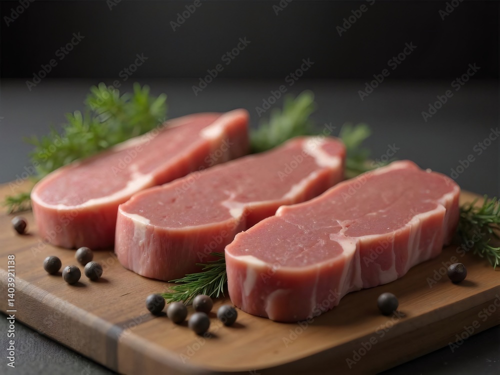Three Fresh Raw Beef Steaks Arranged on Wooden Board with Rosemary and Black Pepper Three Fresh Raw Beef Steaks Arranged on Wooden Board with Rosemary and Black Pepper