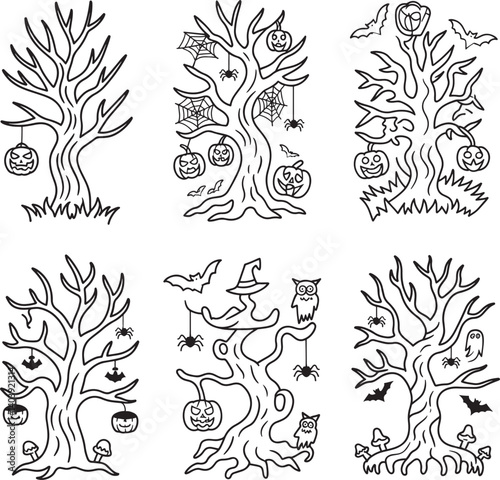 Halloween scary tree set Line art vector illustration isolated On Transparent Background