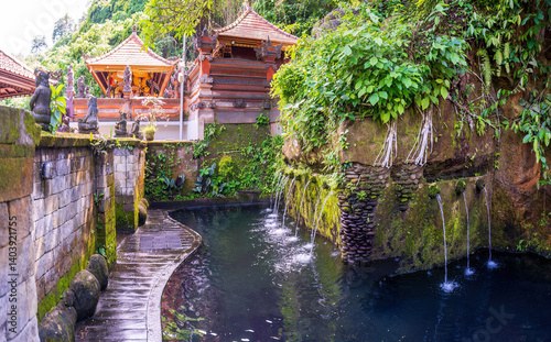 Obraz na płótnie A tranquil Balinese shrine with a reflective pool, cascading water, and intricate stone carvings, nestled in a lush jungle setting. w salonie