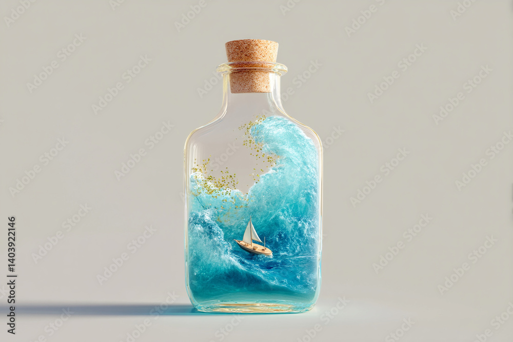 Glass bottle with swirling ocean waves and a tiny boat Glass bottle with swirling ocean waves and a tiny boat