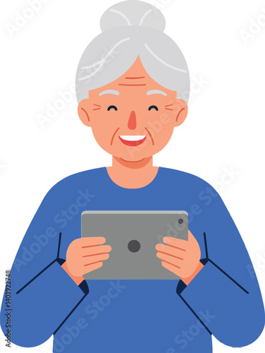 Happy elderly woman smiling while holding a tablet in her hands, flat design vector art